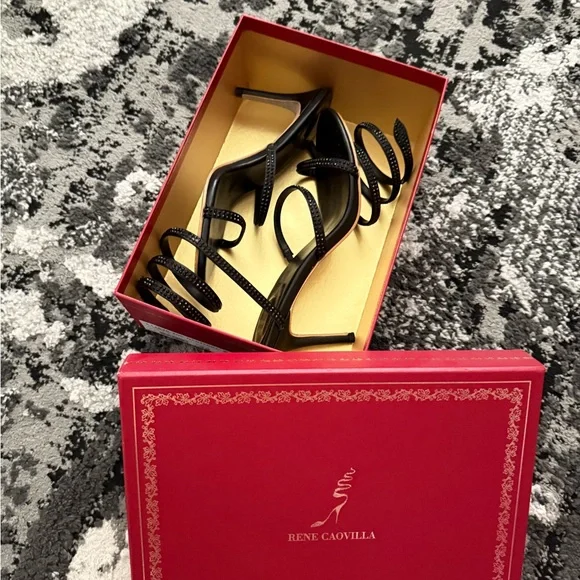 🤩✨RENE CAOVILLA Cleo Snake embellished sandal black leather rhinestone heels 9 - Picture 12 of 13